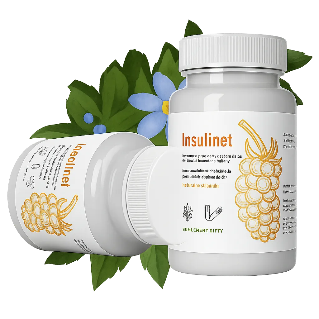 Butelka naturalnego suplementu Insulinet, zaawansowana formuła do kontroli poziomu cukru we krwi.